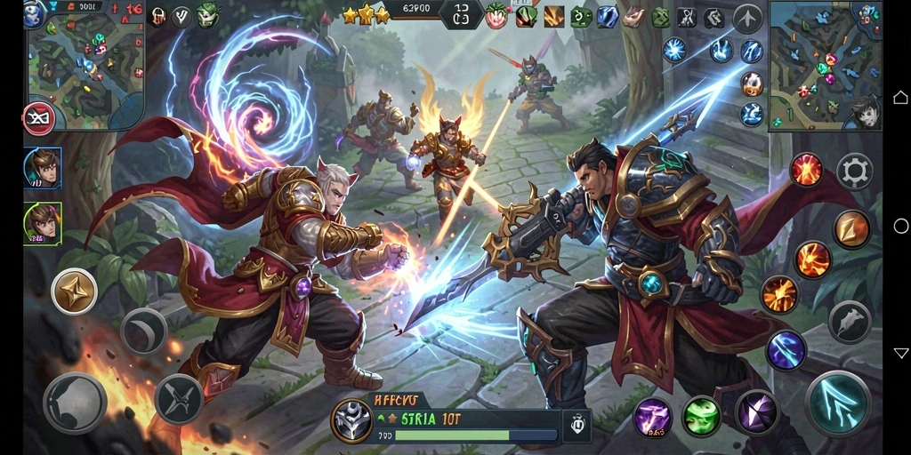 Gameplay dinamis dengan karakter pahlawan unik di arena pertarungan.