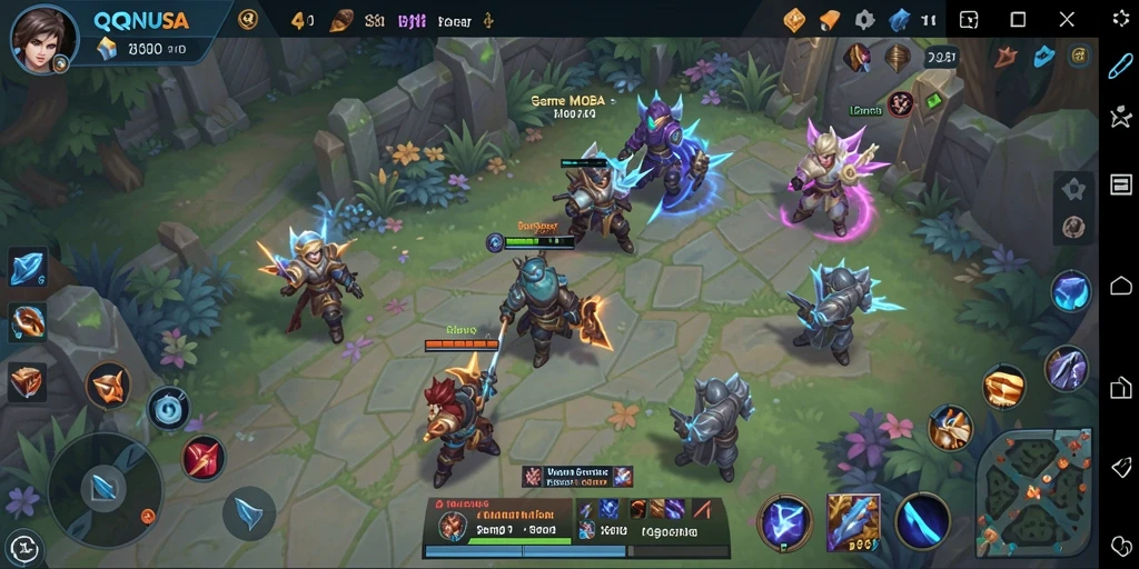 Screenshot QQNUSA menampilkan aksi pertempuran dalam game MOBA yang seru.