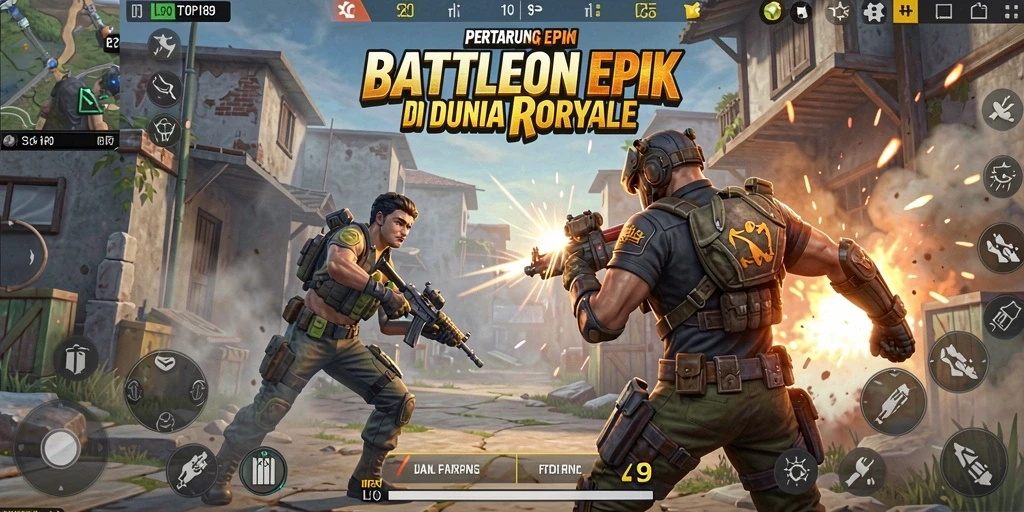 Screenshot gameplay TOPI189 menampilkan aksi pertempuran Battle Royale yang intens.